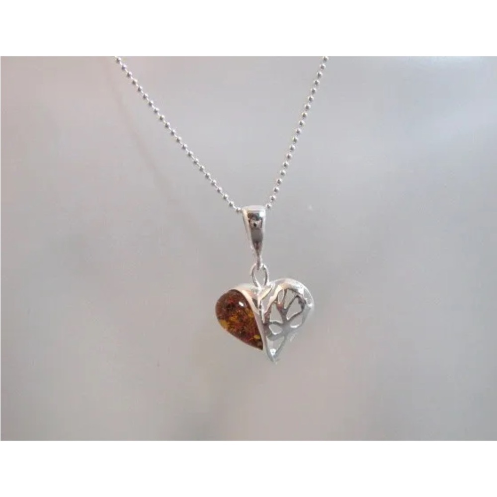 Sterling silver cognac amber heart pendant necklace